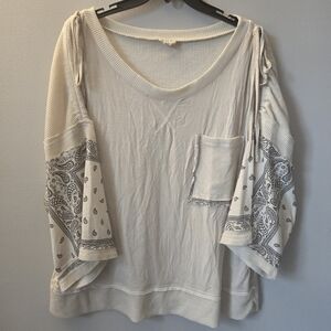 Pol Women's Oversized Bandana Shirt Medium Cream Mixed Fabric Blouse 3/4 Sleeve
